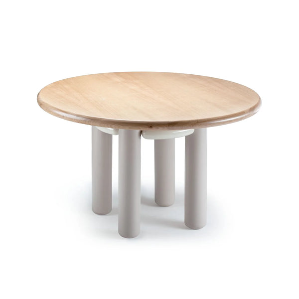 Table de diner Kai — natural oak base, taupe lacquered woodf feet, ivory lacquered metal tubes