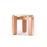 Table d'appoint Mona — travertine top, powder lacquered wood feet, natural oak applications