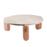 Table basse Mona — travertine top, powder lacquered wood feet, natural oak applications