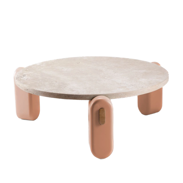 Table basse Mona — travertine top, powder lacquered wood feet, natural oak applications