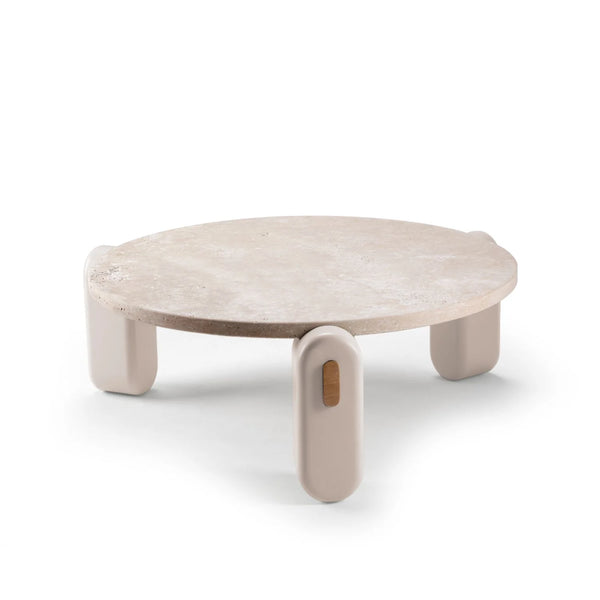 Table basse Mona — travertine top, ivory lacquered wood feet, natural oak applications