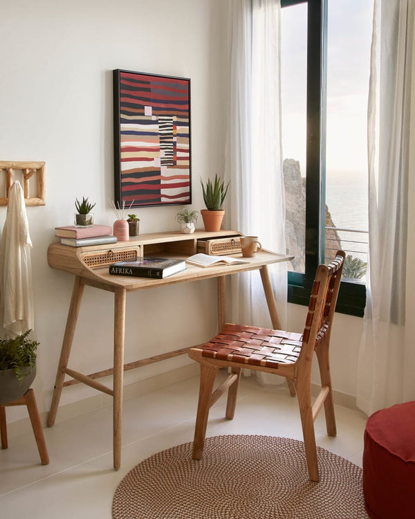 Bureau Nalu — en bois de mindi et détails en rotin 110 x 60 cm