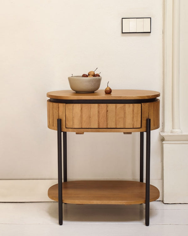 Table de chevet Licia 1 tiroir — bois de manguier et métal peint en noir 55 x 65 cm