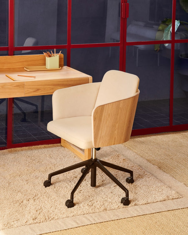 Chaise de bureau Madai en chenille beige et placage en frêne finition naturelle l FSC MIX