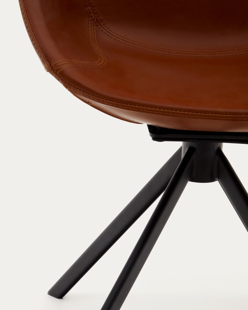 Chaise giratoire auto-retour Tissiana — cuir synthétique marron aluminium noir mat