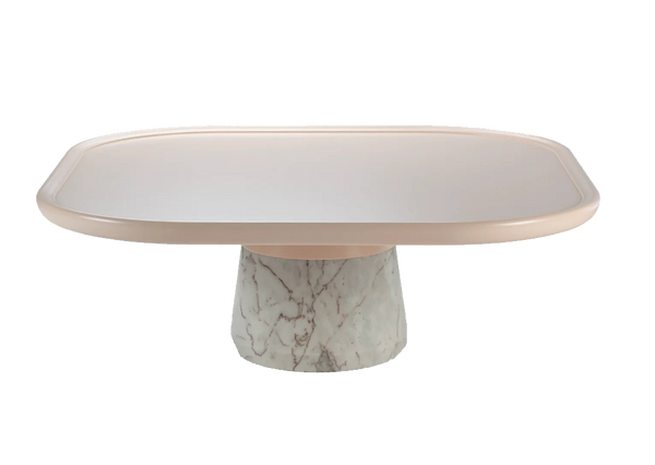 Table basse Poppy — center table: nude lacquered wood top, estremoz white base