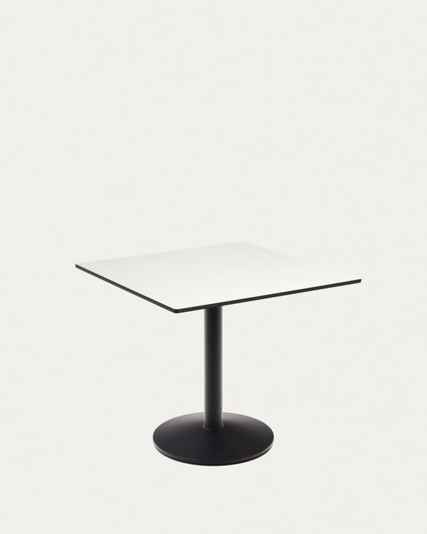 Table d'extérieur Esilda — blanche avec pied en métal et finition peinte noire  90 x 90 x 70