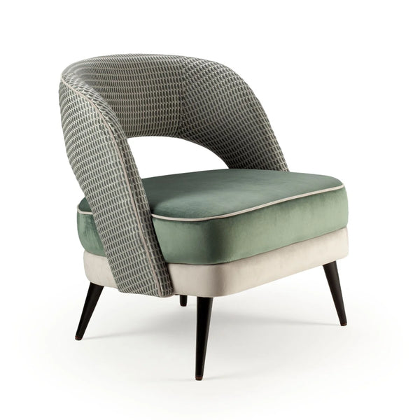 Fauteuil Ava — stamp teal back, barcelona fir and barcelona mouse seat, barcelona  mouse piping, black lacquered wood feet