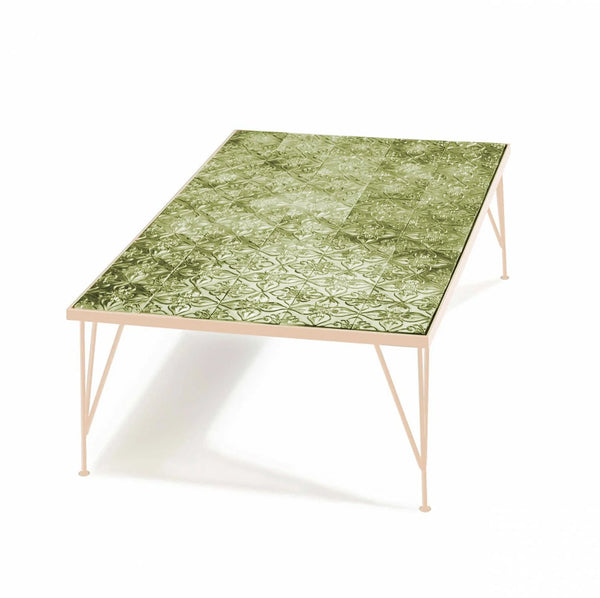 Table basse Caldas — center table: lime pattern ceramic tiles top, nude wood structure and nude lacquered metal feet