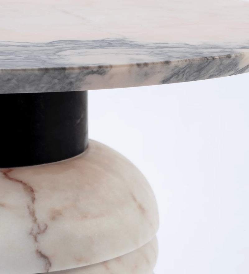 Table d'appoint Jean 52 — side table: estremoz marble base, nero maquina marble middle part, estremoz pink marble top