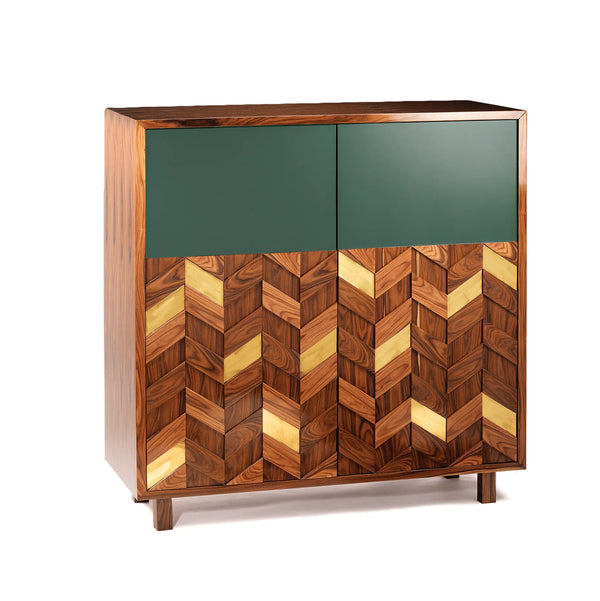 Cabinet Samoa — iron wood structure, olive lacquered mdf doors and brass applications