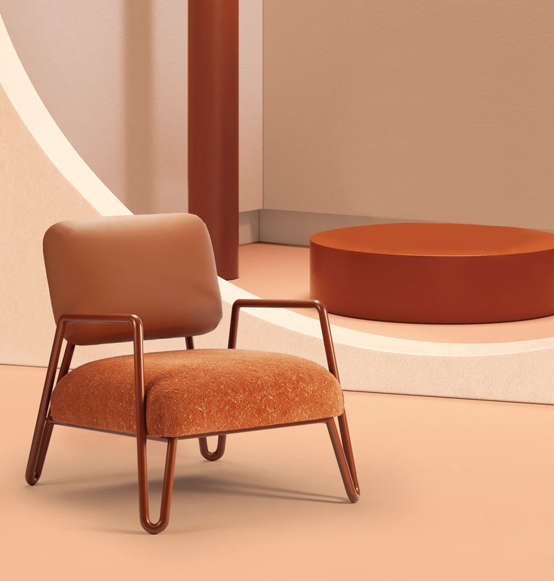 Fauteuil Miami — laser rust back, wild things terracota 07 seat, copper color lacquered metal feet, polished brass applications