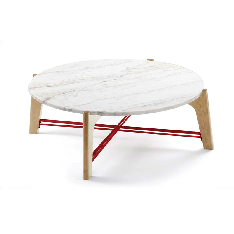 Table basse en marbre Flex — center table: estremoz marble top, ash 056-0 solid wood base, lipstick lacquered metal fittings