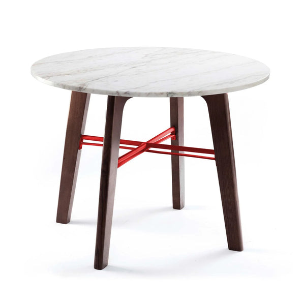 Table de diner en marbre Flex — dining table: estremoz marble top, beech 056-2 solid wood feet, lipstick lacquered metal fittings
