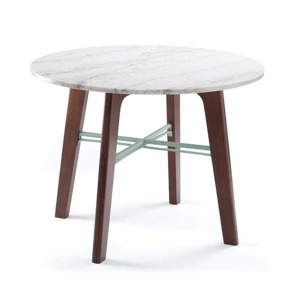 Table de diner en marbre Flex — dining table: estremoz marble top, beech 056-2 solid wood feet, jade lacquered metal fittings