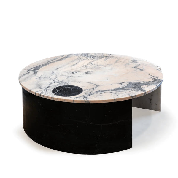 Table basse Helene — center table: estremoz rose marble top, textured base in estremoz marble and plain base in nero marquina marble