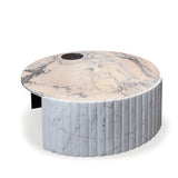 Table basse Helene — center table: estremoz rose marble top, textured base in estremoz marble and plain base in nero marquina marble