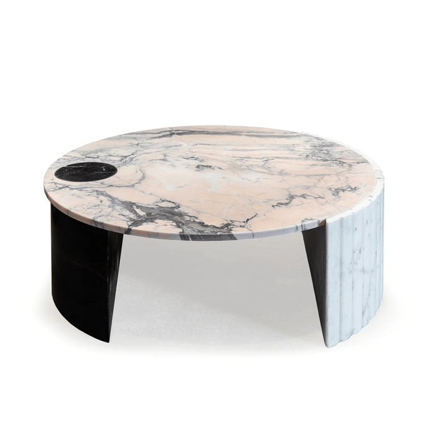 Table basse Helene — center table: estremoz rose marble top, textured base in estremoz marble and plain base in nero marquina marble