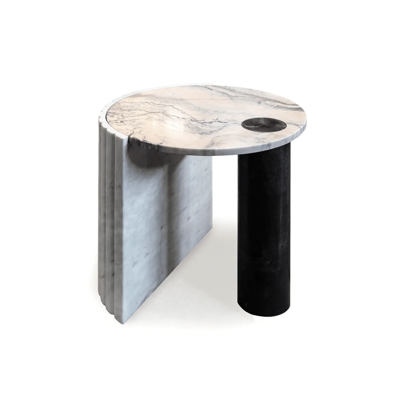 Table d'appoint Helene — side table: estremoz rose marble top, textured base in estremoz marble and cylindric base in nero marquina