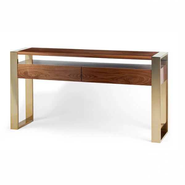 Console Iron — natural walnut and plated polished brass feet