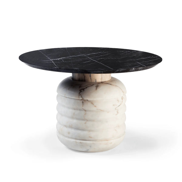 Table d'appoint Jean 38 — side table: estremoz marble base, estremoz pink marble middle part, nero marquina marble top