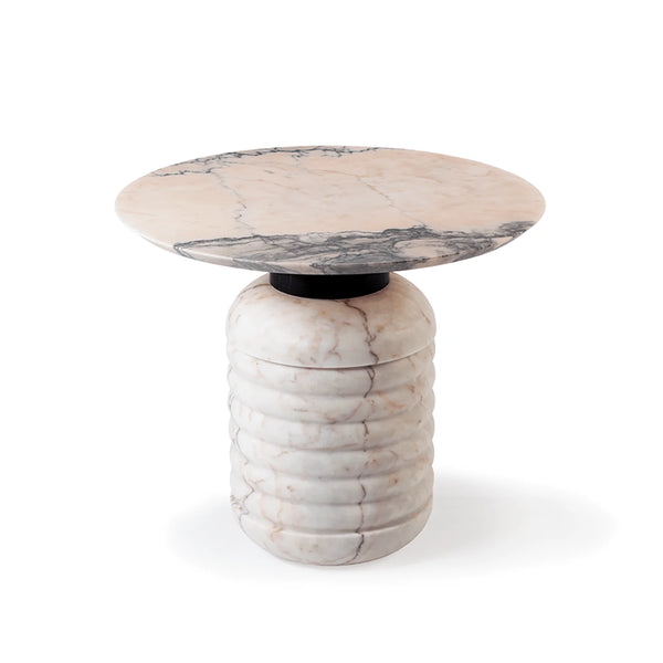 Table d'appoint Jean 52 — side table: estremoz marble base, nero maquina marble middle part, estremoz pink marble top