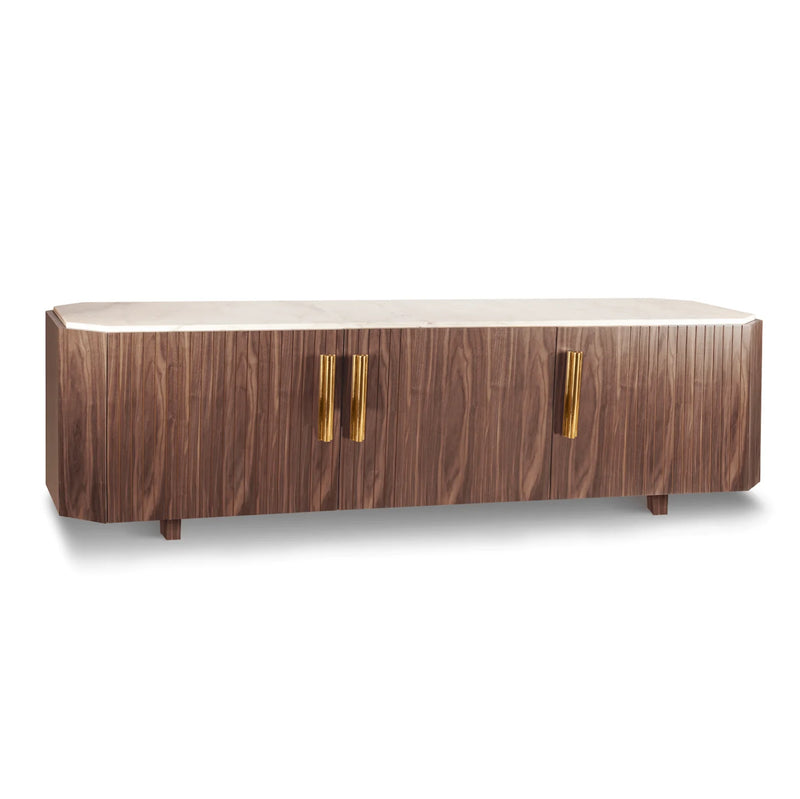 Meuble TV Malcolm — estremoz marble top, natural walnut structure, polished brass handles, plated brass feet