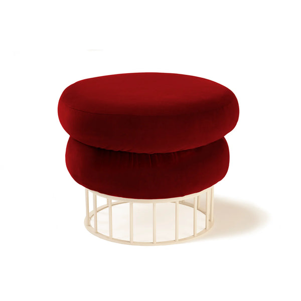 Pouf Mary — smooth easy clean sangria top, ivory lacquered metal base
