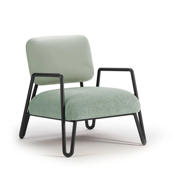 Fauteuil Miami — laser sage back, wild things oil green 08 seat, black lacquered metal feet, polished brass applications