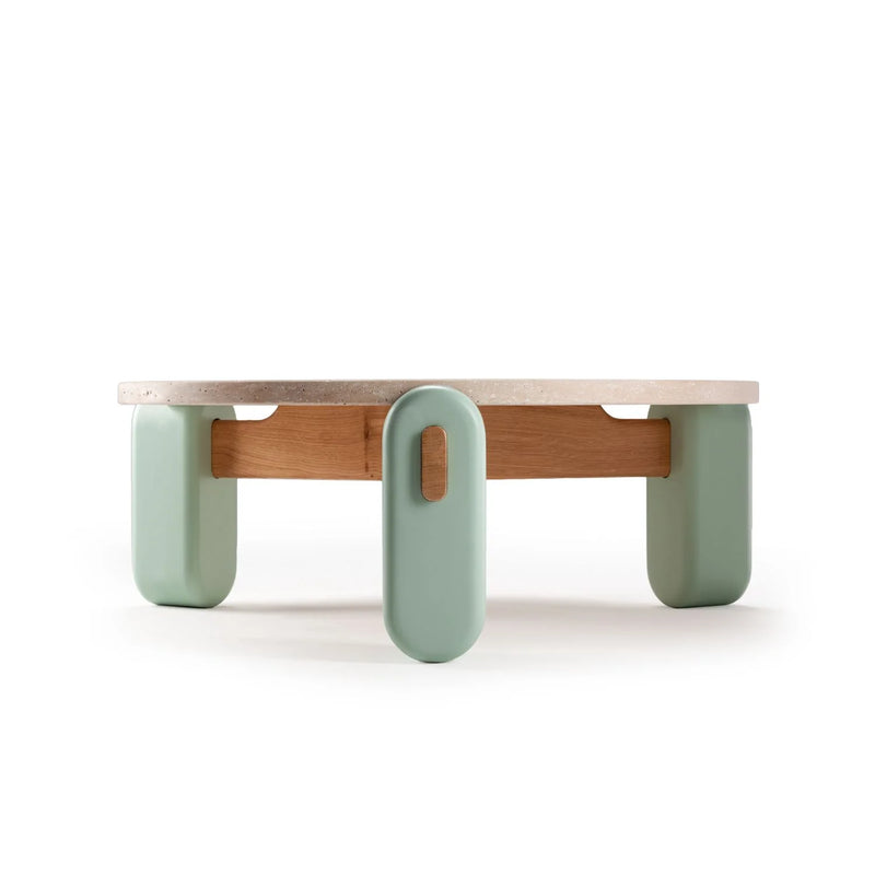 Table basse Mona — travertine top, jade lacquered wood feet, natural oak applications