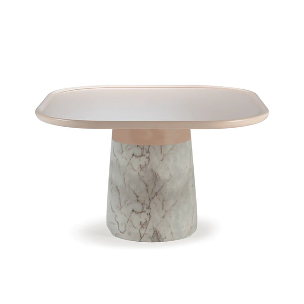 Table de diner Poppy — dinner table: nude lacquered wood top, estremoz white base
