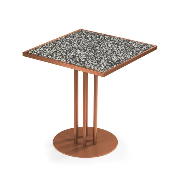 Table de diner Praga 70x70 — dining table: terrazzo black & white top, copper color metal roma base (new feet model)