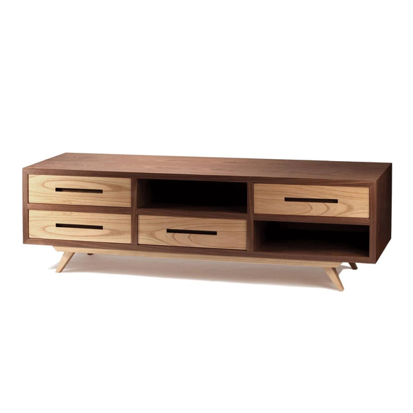 Meuble TV Space — natural walnut structure and natural oak drawers