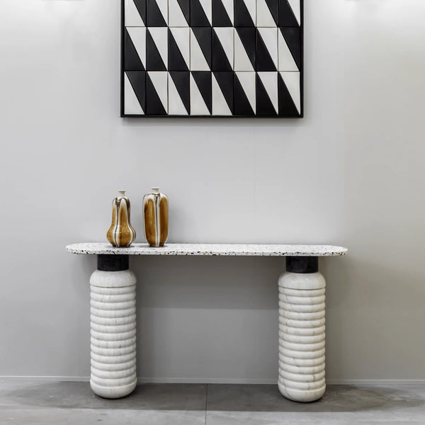 Console Jean — top in terrazzo africa, middle part in nero marquina marble, feet in estremoz white