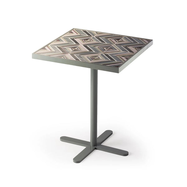 Table de diner Caldas Stripes — dining table: sage stripes ceramic tiles, sage wood structure and sage lacquered metal feet