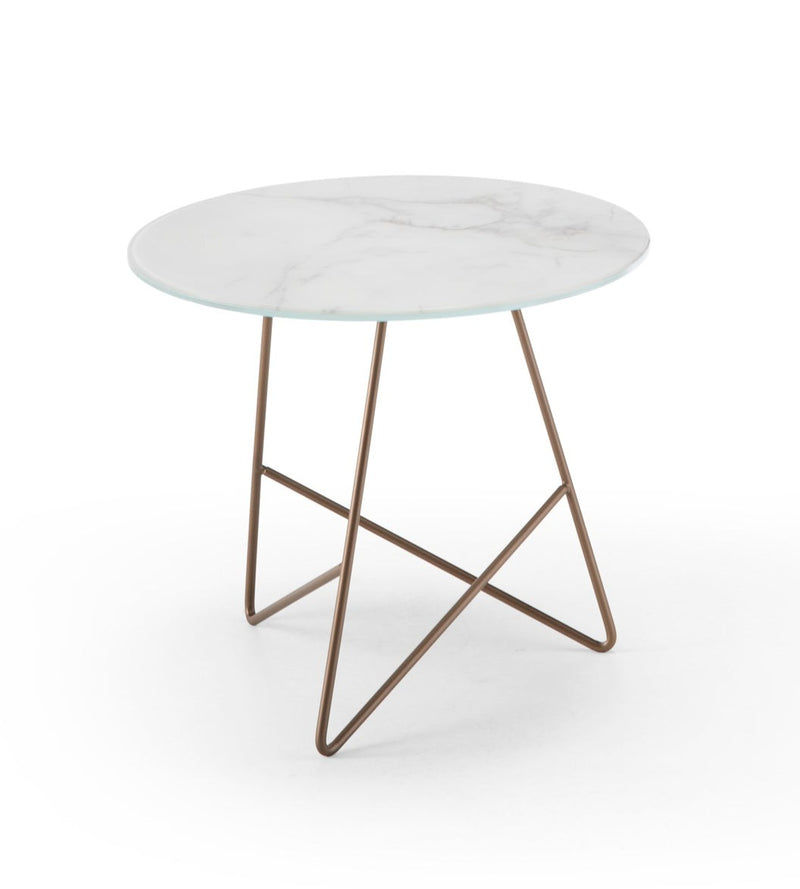 Table d'appoint Ermione en verre-marbre 50cm — Blanc & Marron