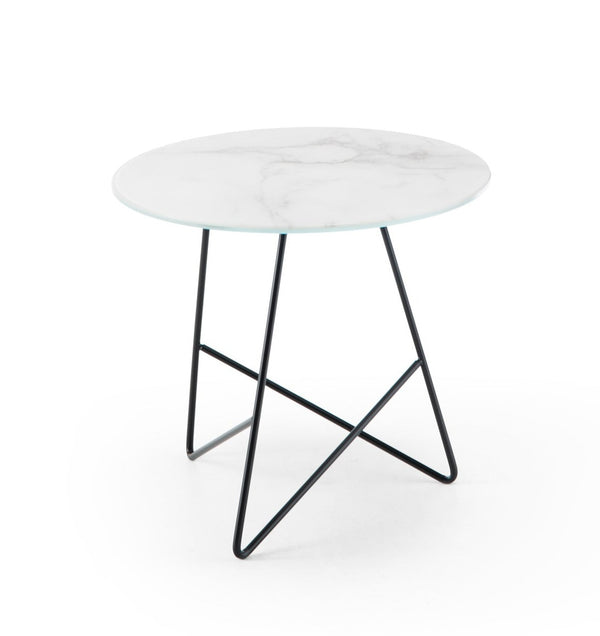 Table d'appoint Ermione en verre-marbre 50cm — Blanc & Noir