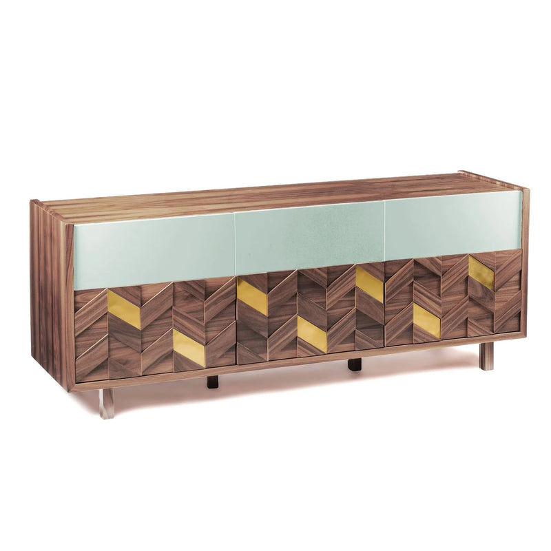 Buffet Samoa — natural walnut structure, jade lacquered mdf and polished brass applications
