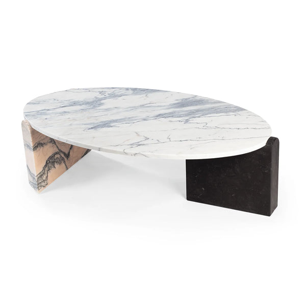 Table basse Jean — center table: estremoz marble top, estremoz pink and nero marquina marble marble base
