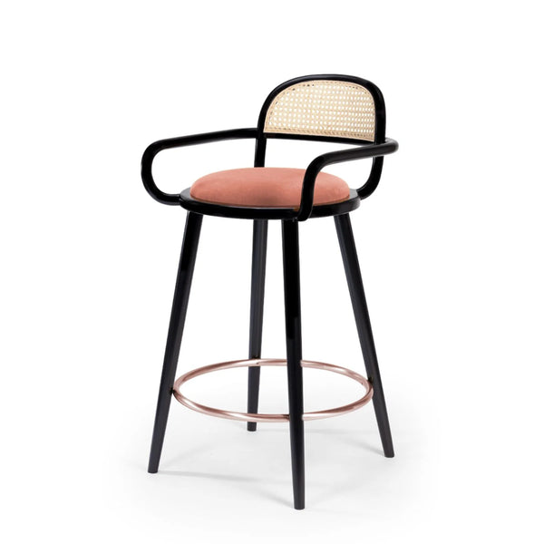 Chaise de bar Luc — smooth easy clean apricot, black lacquered wood structure and polished brass ring