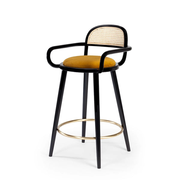 Chaise de bar Luc — smooth easy clean tabacco, black lacquered wood structure and polished brass ring