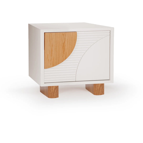 Table de chevet Olga — ivory lacquered mdf structure, natural oak feet and handles